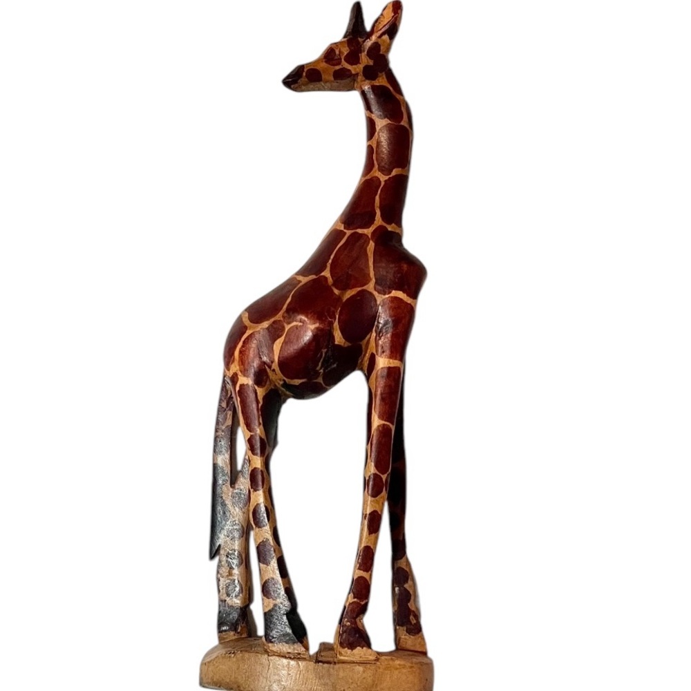 Hand Carved 12" Wood Giraffe Wood Base Made In Africa Hand-painted Smooth Wood